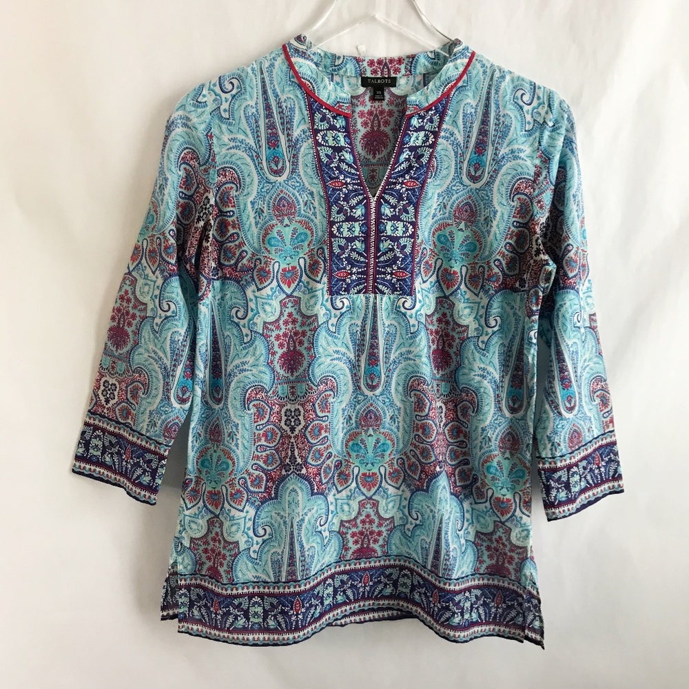 Talbots Paisley Cotton Split Neck Tunic Top XS 3/4 Sleeve Moroccan Tropical